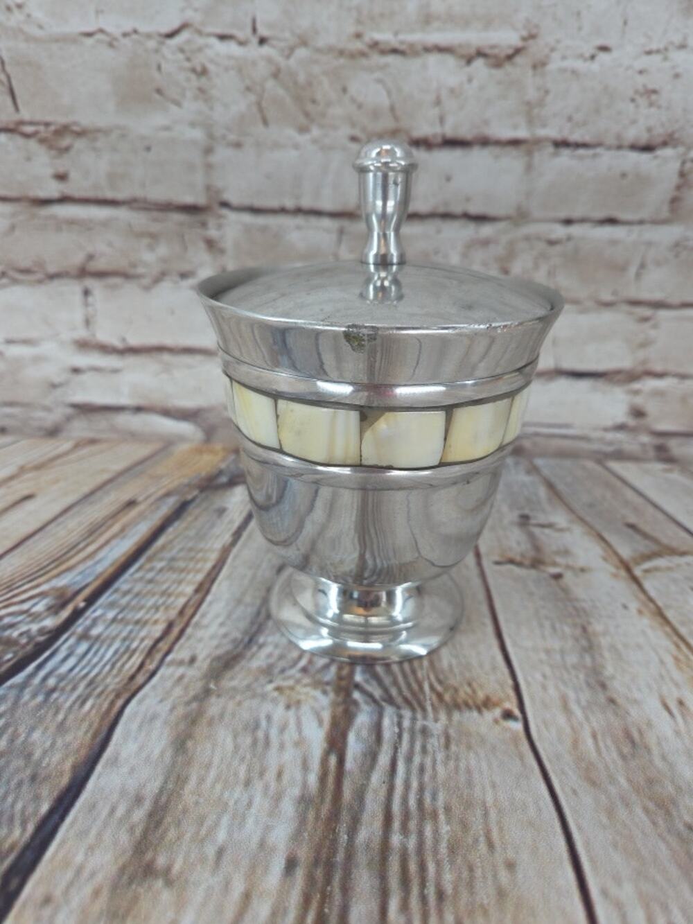 Chrome Covered Canister with Mother of Pearl Inlay Handmade India